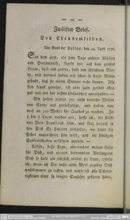 Zwölfter Brief. Von Ebendemselben : Am Bord der Pallas, den 24. April 1776