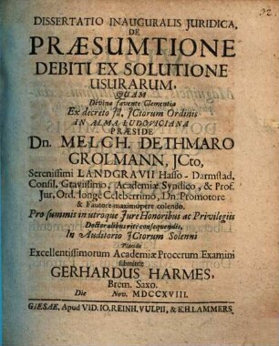 Diss. inaug. iur. de praesumtione debiti ex solutione usurarum