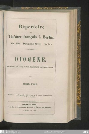 Diogène : comédie en cinq actes, précédée d'un prologue ; représenté pour la première fois à Paris sur le second théâtre-français le 6 janvier 1846