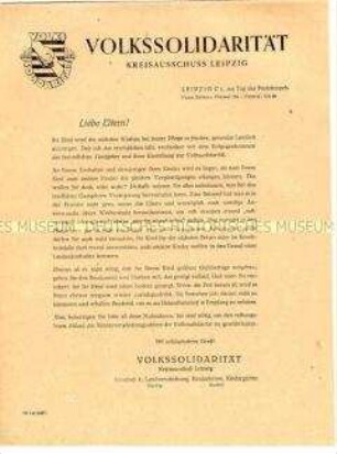 Informationsblatt der Volkssolidarität für die Eltern zu einem Erholungsaufenthalt für Kinder