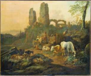Landschaft mit Hirtenfamilie vor einer Ruine