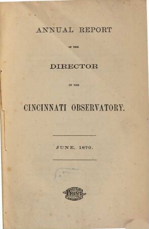 Inaugural report of the director of the Cincinnati Observatory, 1870, Juni