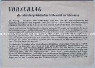 Handzettel mit dem Wortlaut eines Schreibens von Otto Grotewohl an Konrad Adenauer