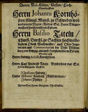 Denen Wol-Edlen [...] Herrn Johanni Kornhöfern [...] Herrn Basilio Titeln [...] Herrn Ludwig Achilli Kornhöfern [...] Herrn Carl Friedrich Titeln [...] Herrn Christiano Ludwig Kühleweinen/ Herrn Johanni Friedrich Kühleweinen/ Herrn Johanni Philipp Kühleweinen [...]