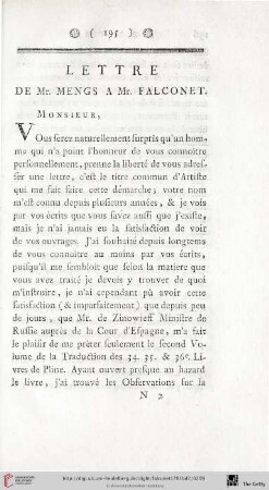 Lettre de Mr. Mengs à Mr. Falconet