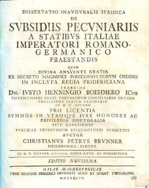 Dissertatio Inavgvralis Ivridica De Svbsidiis Pecvniariis A Statibvs Italiae Imperatori Romano-Germanico Praestandis