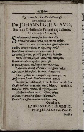 Dem Autor des Werkes gewidmetes Gedicht von Laurentius Ludenius