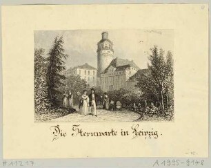 Die Pleißenburg im Südwesten von Leipzig mit der Sternwarte auf dem Turm von der Promenade aus