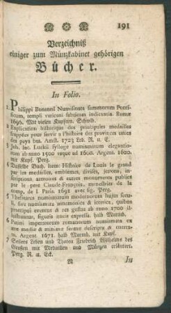 Verzeichniß einiger zum Münzkabinet gehörigen Bücher.