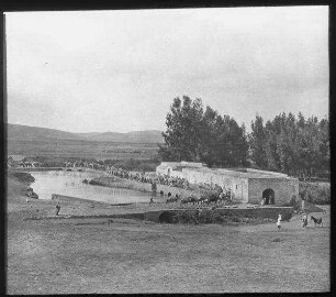 Palästina, Zwischen Jaffa und Jerusalem, [Al-Mir-]Mühle und Brücke [rot] 6b [Stempel] Chi-Rho-Zeichen
