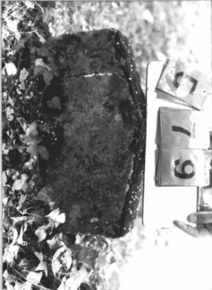 Grabstein 579 (Index: 99787979) Material: Sandstein Zustand: eingesunken Maße HxBxT: 28x44x9 cm Besonderheit: Kindergrab: Grabstein 579