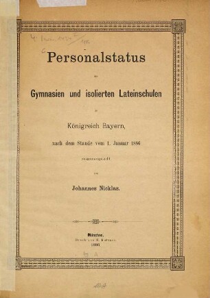 Personalstatus der bayerischen Studienanstalten. 1886, 1. Jan.