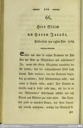 66. Herr Gleim an Herrn Jacobi. Halberstadt den 19ten Febr. 1768