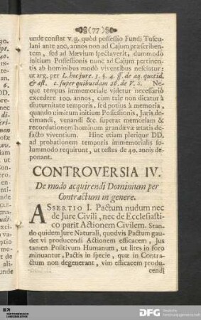 Controversia IV. De modo acquirendi Dominium per Contractum in genere.
