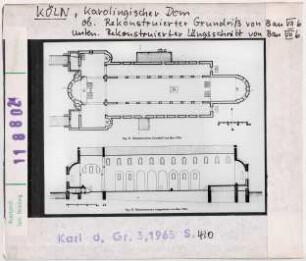 Köln: Karolingischer Dom, Rekonstruierter Grundriss von Bau VII b und Längsschnitt