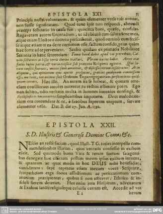 Epistola XXII. s. D. Illustris & Generose Domine Comes & [et]c.