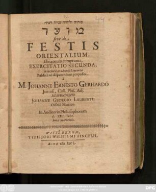 2: [...] sive de Festis Orientalium, Ebraeorum cumprimis, Exercitatio ...