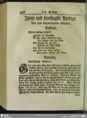 Zwey und funffzigste Predigt. Von dem seligmachenden Glauben