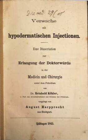 Versuche mit hypodermatischen Injectionen : Inaug. Diss.