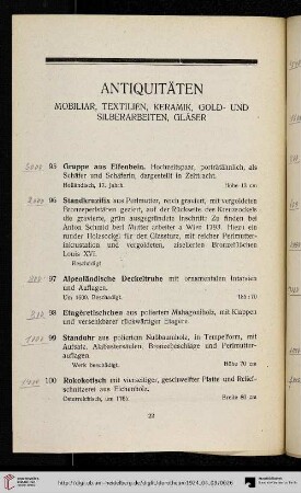 Antiquitäten: Mobiliar, Textilien, Keramik, Gold- und Silberarbeiten, Gläser (Nr. 95-180)