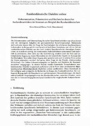 Russlanddeutsche Dialekte online. Dokumentation, Präsentation und Recherche deutscher Auslandsvarietäten im Internet am Beispiel des Russlanddeutschen