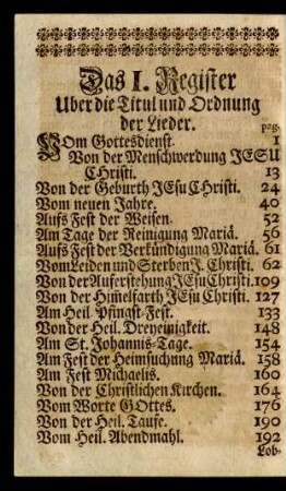 Das I. Register Uber die Titul und Ordnung der Lieder