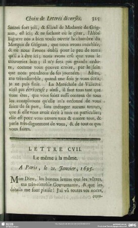 Lettre CVII. Le même à la même. A Paris, le 21. Janvier, 1695