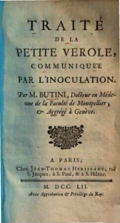 Traité de la petite Verole communiquée par l'inoculation