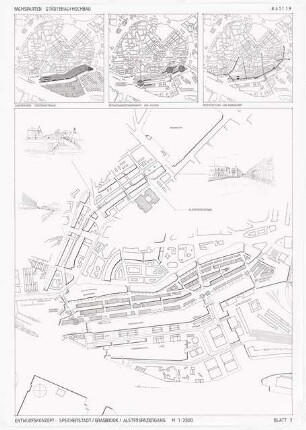 Revitalisierung des Hamburger Hafens Schinkelwettbewerb 1989: Lageplan 1:2500, weitere Lagepläne, perspektivische Ansichten