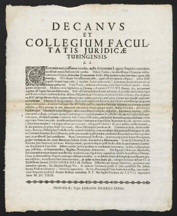 Decanvs Et Collegium Facultatis Juridicae Tubingensis. L. S.