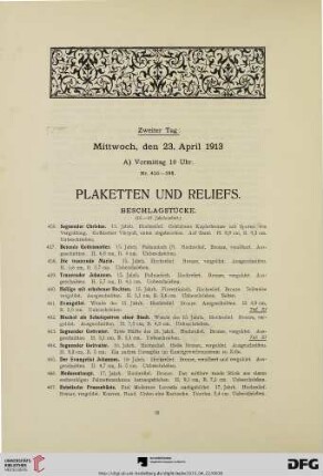 Zweiter Tag: Mittwoch, den 23. April 1913. Plaketten und Reliefs (Nr. 456-598)