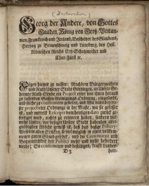 [Declaration] Georg der Andere, von Gottes Gnaden, König von Groß-Brittannien, Franckreich und Irrland ...