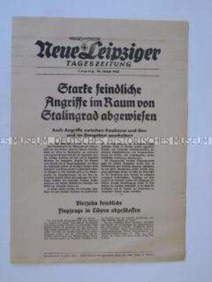 Extrablatt der "Neuen Leipziger Tageszeitung" u.a. über von der Wehrmacht abgewehrte Angriffe bei Stalingrad