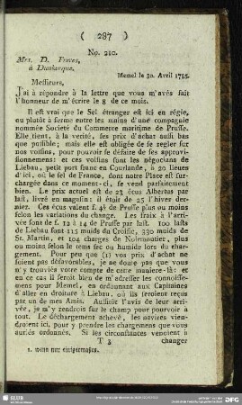 No. 210. Mrs. D. Freres, à Dunkerque. Memel le 30. Avril 1785