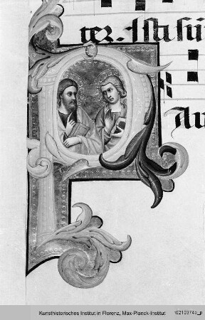 Antiphonar zu Dante Alighieri : Textseite mit historisierter Initiale P: die Märtyrer Johannes und Paul