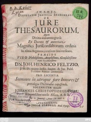 Disputatio Juridica Inauguralis, De Jure Thesaurorum