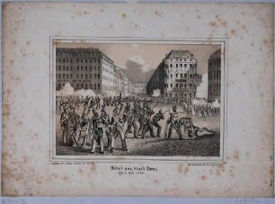 Kämpfe auf dem Neumarkt am 7. Mai 1849 während des Maiaufstandes in Dresden, Blick in die Moritzstraße, links das Hotel de Saxe, rechts das Hotel Stadt Rom