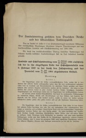 Der Handelsvertrag zwischen dem Deutschen Reiche und der Ukrainischen Volksrepublik