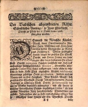 Summarische Relation, Was bey der von Ihrer Käyserl. Majest. beyder Herren Marggrafen zu Baden Baden vnd Baden Durlach Fürstl. Fürstl. Durchl. Durchl. ertheilten Commission, die zwischen Ihrer Churfl. Durchl. zu Pfaltz, vnd des Hertzogs von Lottringen Fürstl. Durchl. ohnlängst wegen Hoheneck vnd Landstuhl entstandene Strittigkeiten betreffend, hinc inde vorgangen vnd verhandelt worden