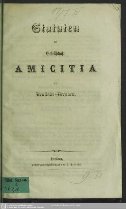 Statuten der Gesellschaft Amicitia in Neustadt-Dresden