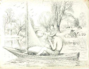 Flötenspieler auf Boot (Entwurf für Litho)