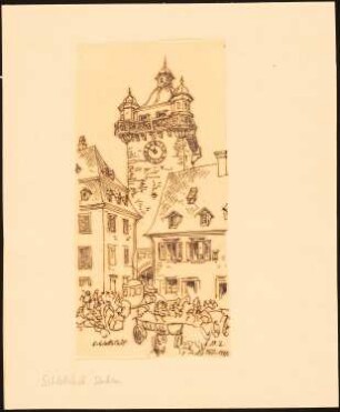 Stadttor und Uhrturm (Tour d´Horloge), Schlettstadt: Durchzeichnung: Perspektivische Ansicht mit Uhrturm mit barocken Türmchen, umliegenden Häusern, Pferdefuhrwerken und Kutschen, nach: Illustrirte Zeitung, 1872, S. 1497