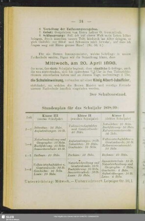 Stundenplan für das Schuljahr 1898/99