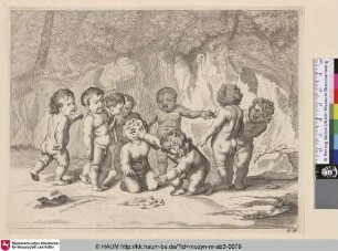 [Putti im Wald; zwei der Putti kämpfen um ein Tuch, das auf dem Boden liegt]