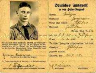 Mitglieds-Ausweis des Deutschen Jungvolkes in der Hitler-Jugend von Hermann Krüger