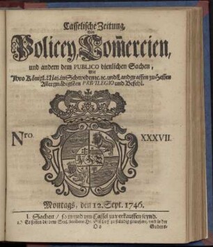 Nro. XXXVII, Montags, den 12. Sept. 1746