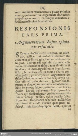 Responsionis Pars Prima. Argumentorum huius opinionis refutatio
