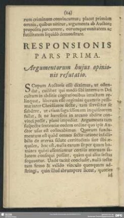 Responsionis Pars Prima. Argumentorum huius opinionis refutatio
