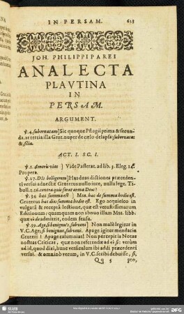 Joh. Philippi Parei Analecta Plautina In Persam