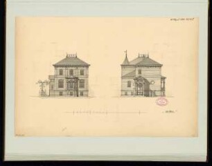 Ländliches Wohnhaus, Berlin-Lichterfelde Monatskonkurrenz April 1881: Aufriss Straßenansicht, Rückansicht; Maßstabsleiste